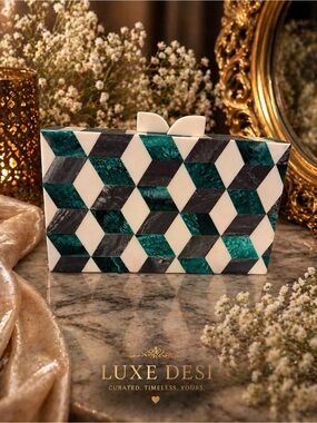 ✨ Emerald Mirage Geometric Acrylic Box Clutch - Made in India✨